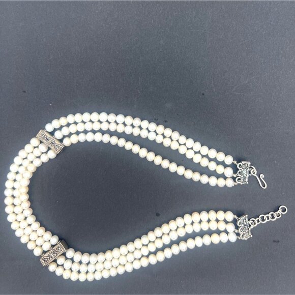 Vintage 3-Strand Glass Pearl Necklace Sterling Silver 925 Clasp Ornate Spacers - Picture 2 of 12